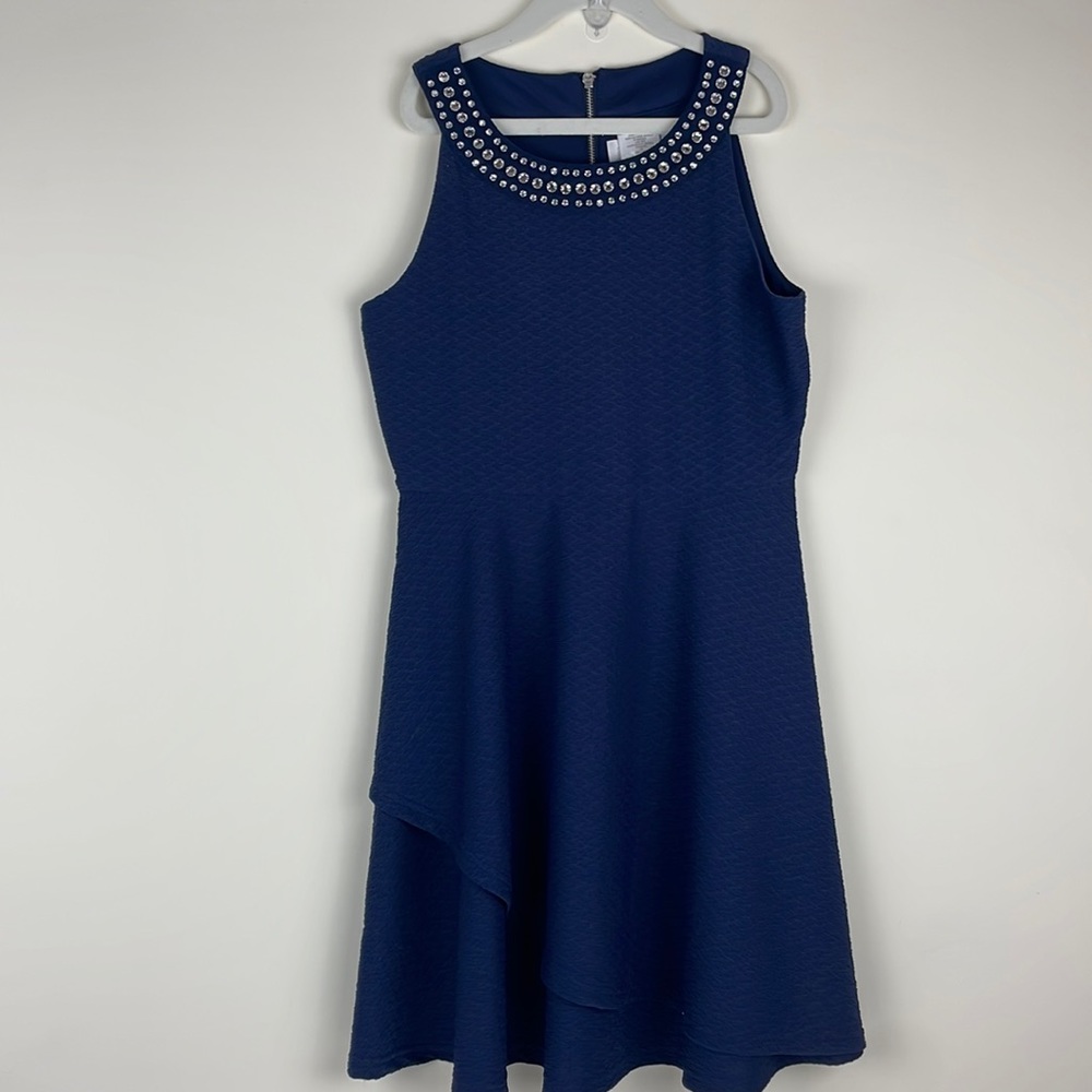 Lavender girls navy blue dress with rhinestone accents size 14